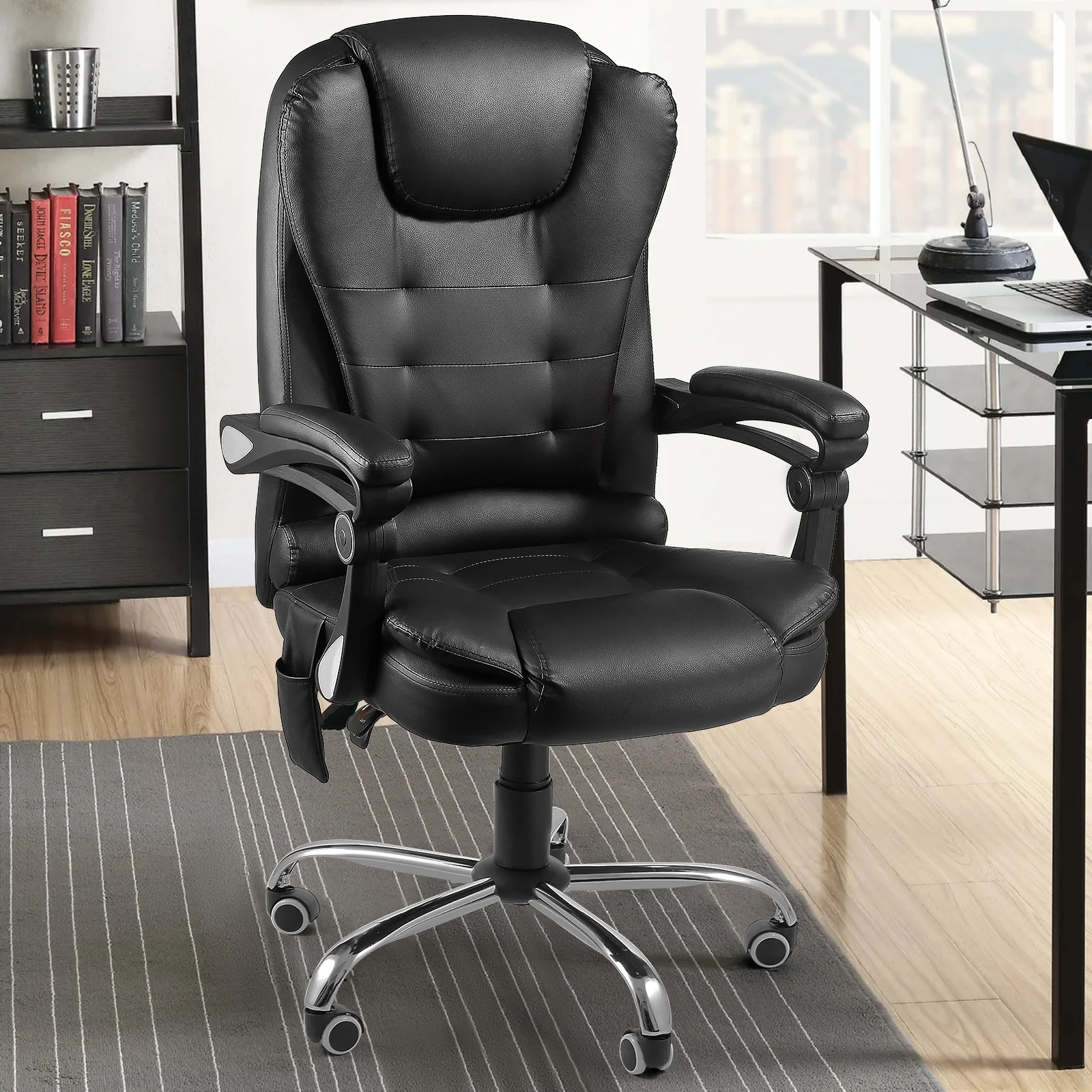 Executive Office Chair with Massage Home Office Desk Chair Lumbar Back Support Leather Computre Chair, Black
